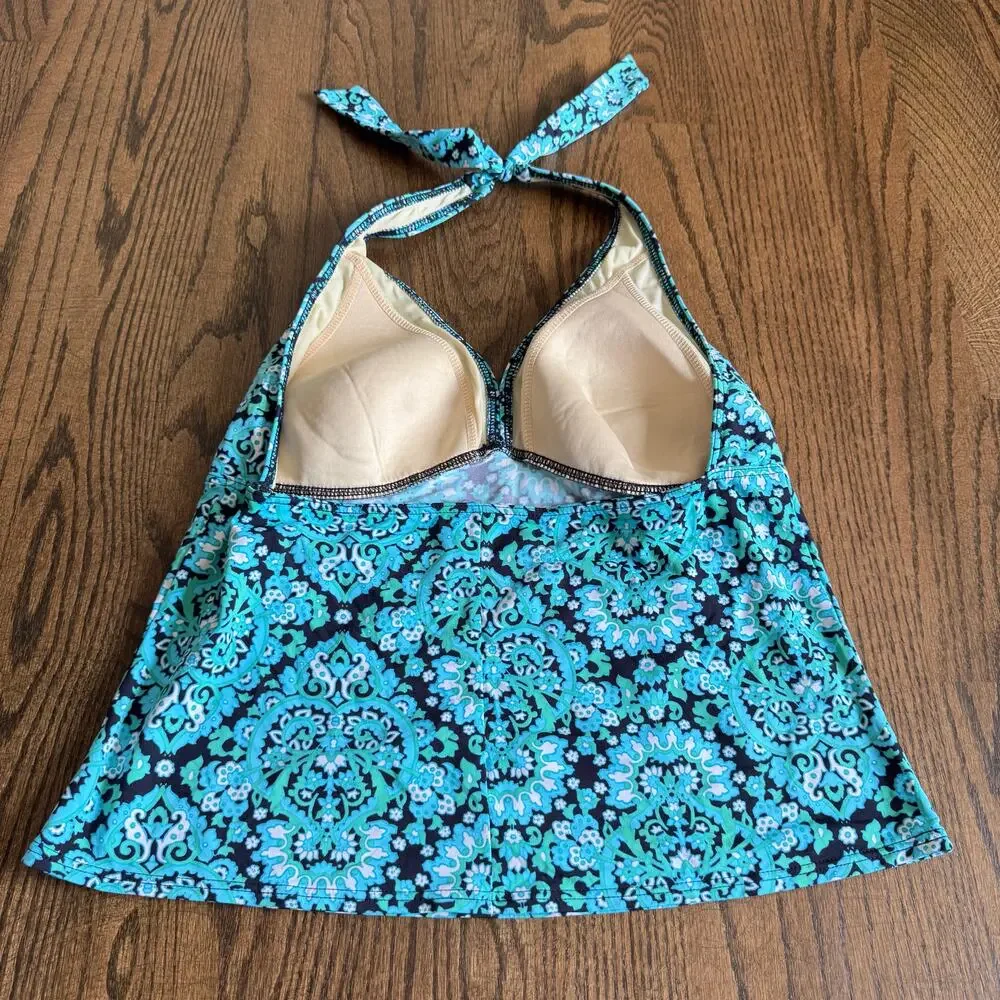Lands End Womens Teal Green Black Paisley Halter Tankini Swim Suit Top Size 14 - Picture 2 of 6